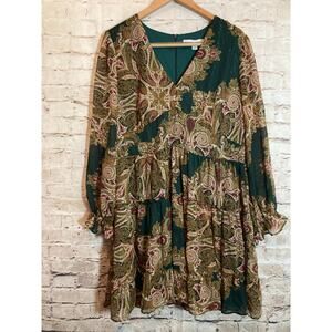 Emma &‎ Michele Babydoll Dress Womens 16 Forest Green & Gold Paisley Tiered Boho